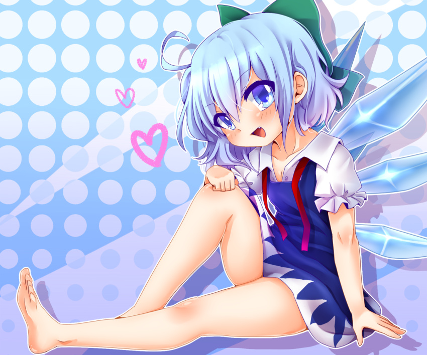 1girl, barefoot, blue_eyes, blue_hair, blush, bow, cirno, hair_bow