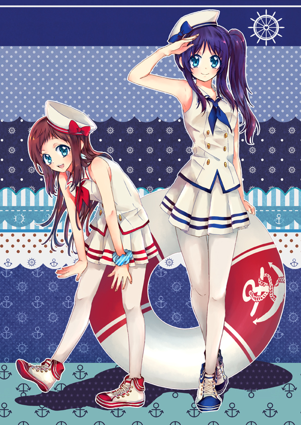 2girls, blue_eyes, blue_hair, brown_hair, hanabisdrop, hat, hiradaira_chisaki, innertube, long_hair, mukaido_manaka, multiple_girls, nagi_no_asukara, pantyhose, sailor, sailor_hat, salute, scrunchie, shoes, side_ponytail, sneakers
