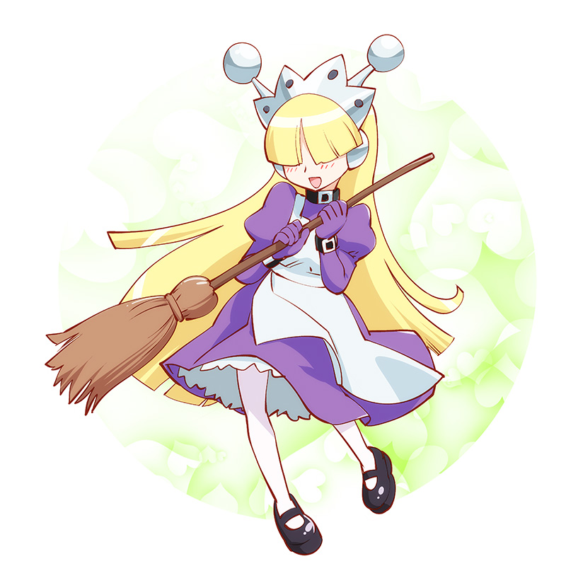 1girl, android, apron, blonde_hair, broom, dress, gloves, hair_over_eyes