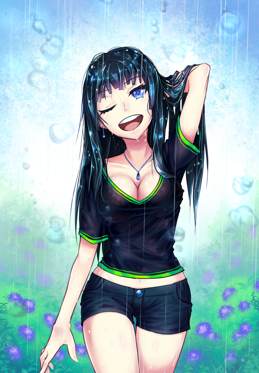 1girl, ;d, black_hair, blue_eyes, breasts, cleavage, earrings, field