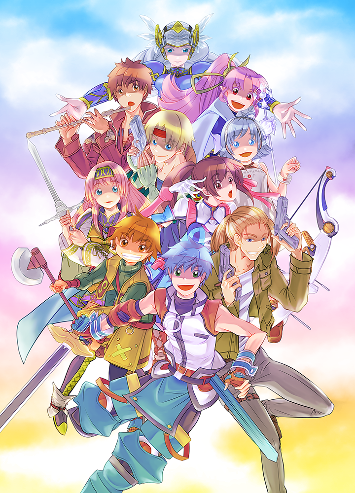 5boys, 5girls, :d, alicia_(valkyrie_profile_2), axe, blue_eyes, blue_hair, boots, brown_eyes, brown_hair, capell, claude_kenni, company_connection, crossover, dual_wielding, end_of_eternity, enix, everyone, fayt_leingod, fingerless_gloves, flipped_hair, flute, girl_(labyrinth_no_kanata), gloves, grey_hair, grin, gun, hairband, headband, helmet, infinite_undiscovery, instrument, jack_russell, labyrinth_no_kanata, lenneth_valkyrie, long_hair, millie_chliette, multiple_boys, multiple_crossover, multiple_girls, open_mouth, pants, pink_hair, ponytail, radiata_stories, red_eyes, saionji_reimi, short_hair, smile, star_ocean, star_ocean_first_departure, star_ocean_the_last_hope, star_ocean_the_second_story, star_ocean_till_the_end_of_time, sword, valkyrie_profile, valkyrie_profile_2, vashyron, wand, weapon, yuiki_wakana