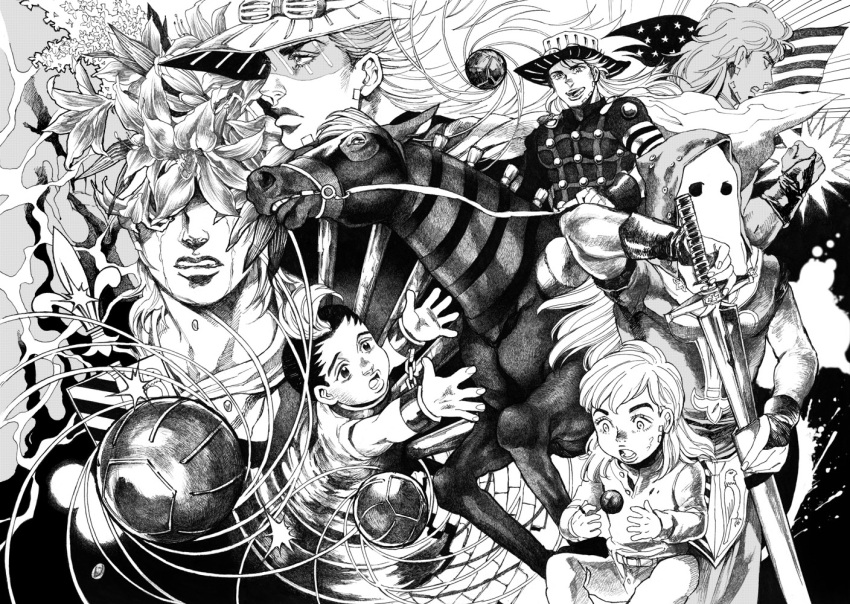 ball, bud_(korovsme), greyscale, gyro_zeppeli, hat, horse, jojo_no_kimyou_na_bouken, marco_(sbr), mask, millipen_(medium), monochrome, multiple_persona, steel_ball_run, sword, tears, traditional_media, weapon