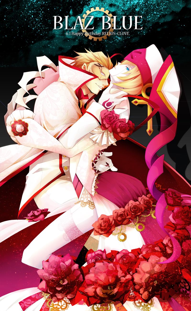 1boy, 1girl, alternate_color, android, blazblue, blonde_hair, blue_eyes, cape