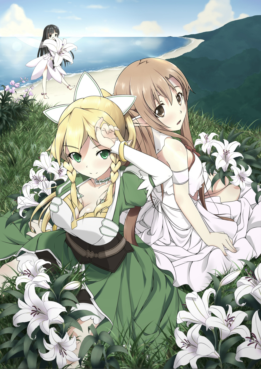 3girls, absurdres, anklet, asuna_(sao), bare_shoulders, barefoot, beach, black_hair
