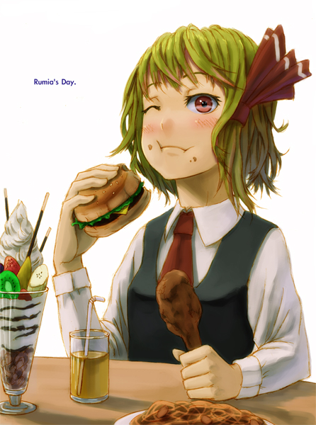 bad_id, character_name, chicken, eating, face, food, fried_chicken, fruit, hamburger, kiwifruit, kurione_(pixiv), kurione_(zassou), pocky, rumia, solo, straw, strawberry, touhou, wink