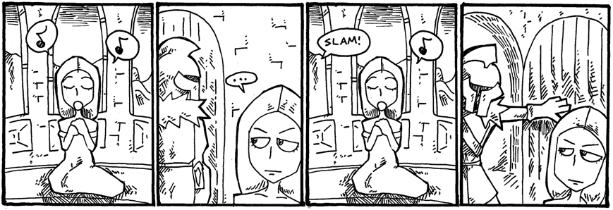..., 1girl, 4koma, annoyed, armor, closed_eyes, closing_door, comic