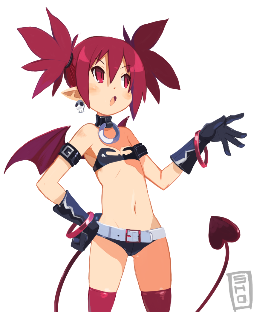 1girl, armband, bangle, belt, black_gloves, blush, bracelet, choker, demon_girl, demon_tail, demon_wings, disgaea, earrings, etna, flat_chest, gloves, hand_on_hip, jewelry, mini_wings, navel, official_style, pointy_ears, red_eyes, red_legwear, redhead, shogun_(shoguchihime), short_shorts, shorts, skull, solo, tail, thigh-highs, tubetop, twintails, wings