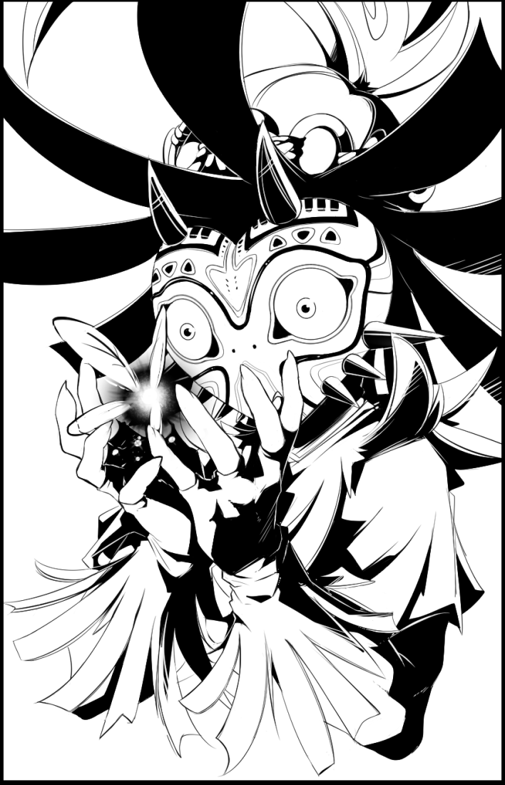 1boy, border, cupping_hands, fairy, hat, majora's_mask, mask, monochrome
