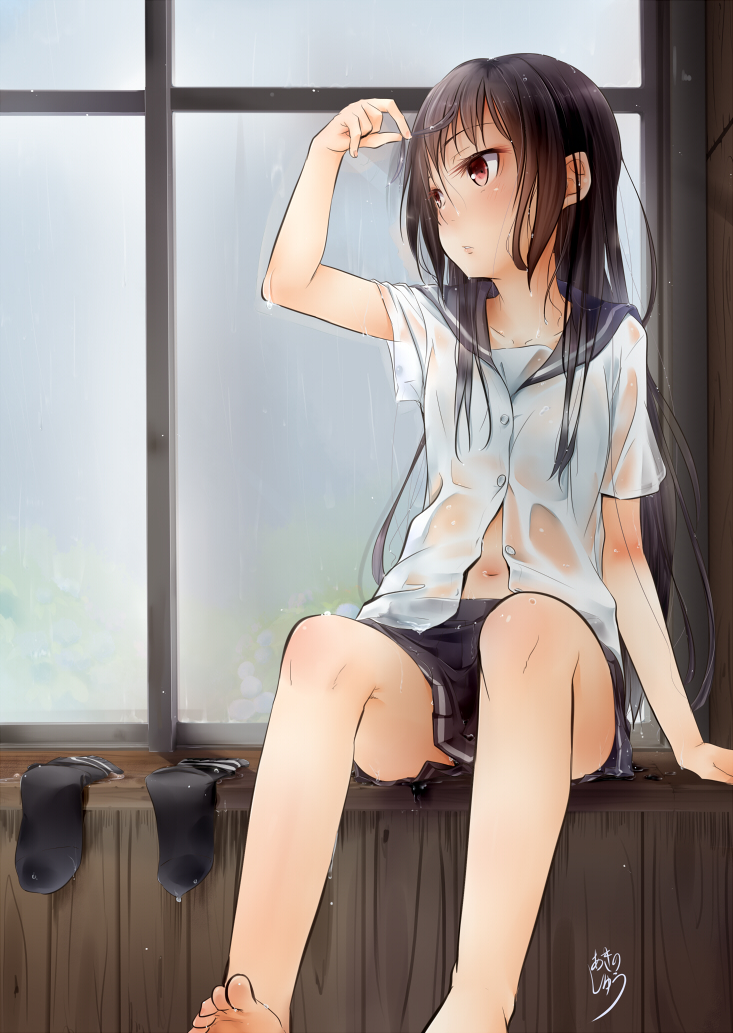 1girl, akisyuuno, black_hair, brown_eyes, long_hair, navel, original, school_uniform