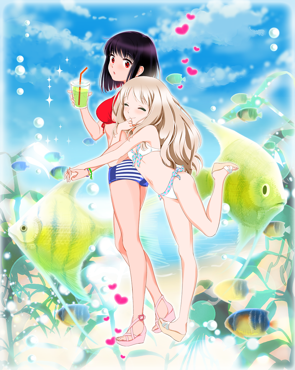 2girls, drink, fish, highres, kawamura_reo, multiple_girls, ofuton_zeb, sawaguchi_mai