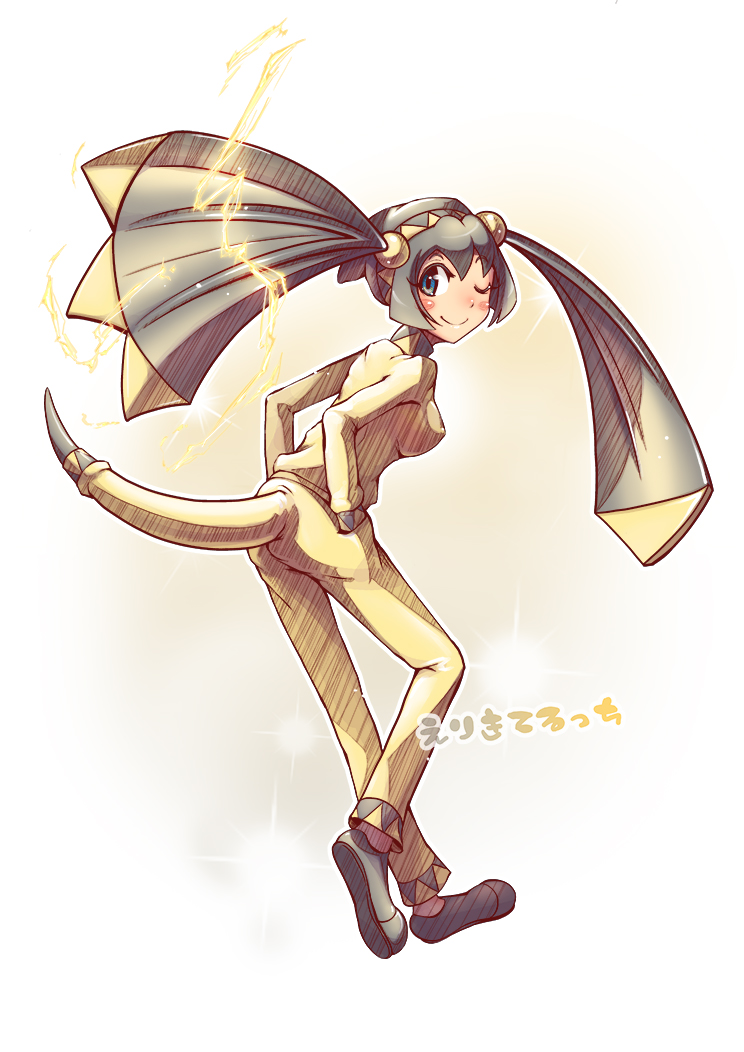 1girl, black_hair, blue_eyes, blush_stickers, electricity, from_behind, hands_in_pockets, helioptile