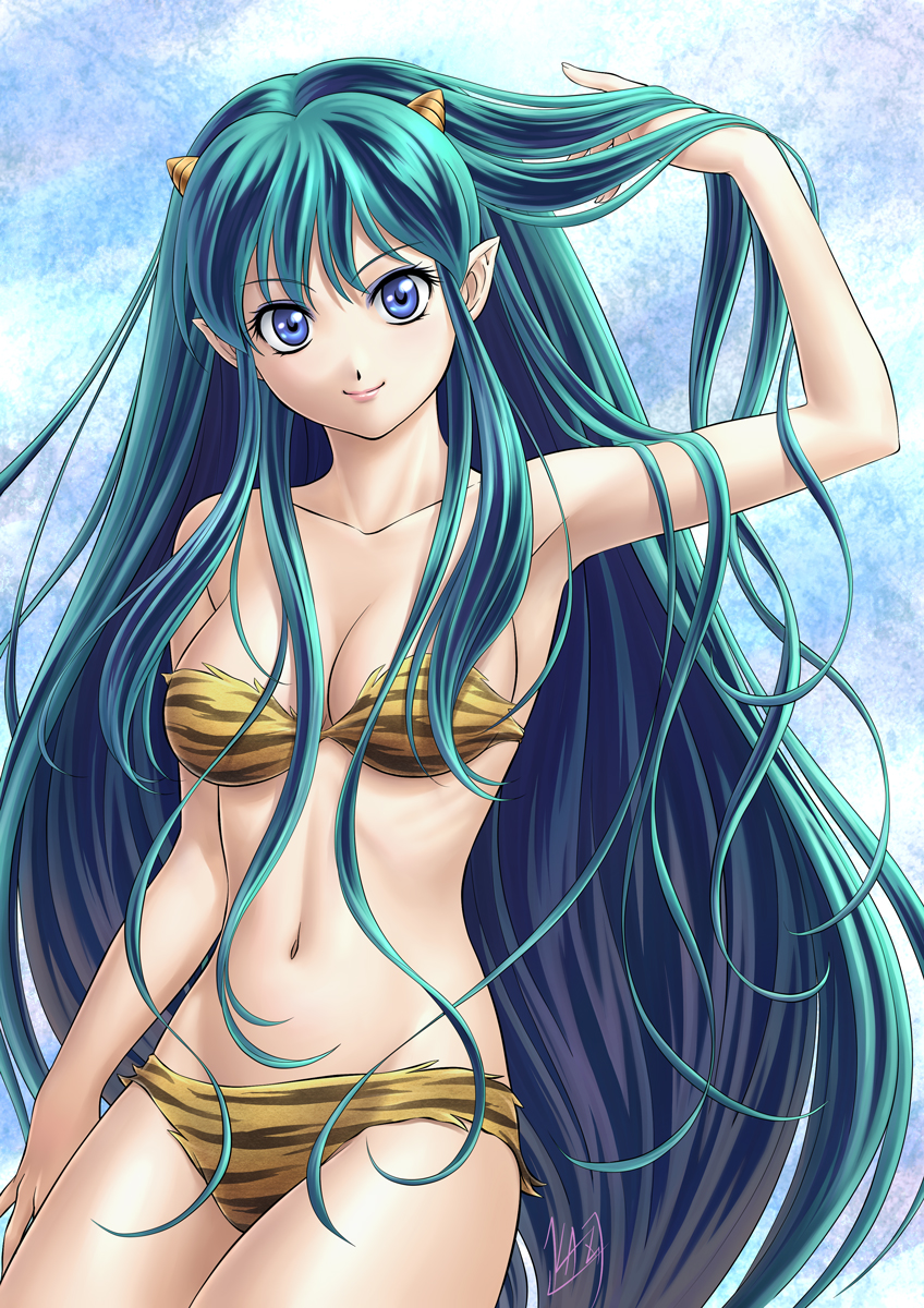bikini, blue_eyes, breasts, cleavage, eye_contact, green_hair, highres, horns