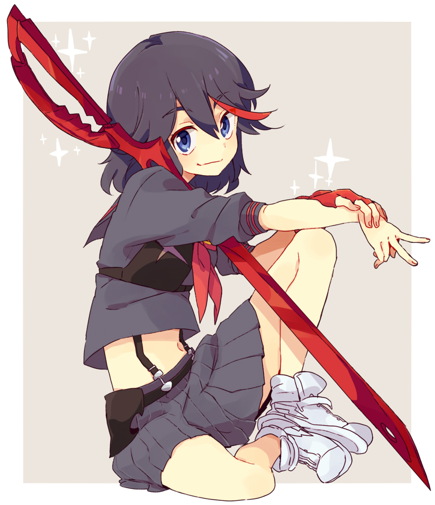 1girl, black_hair, blue_eyes, ebo, fingerless_gloves, gloves, kill_la_kill, knees_apart_feet_together