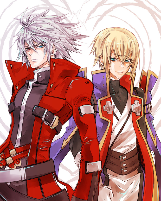 blazblue, blonde_hair, blue_eyes, heterochromia, jin_kisaragi, male, multiple_boys, ragna_the_bloodedge
