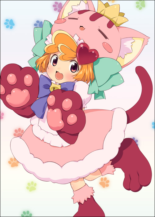 anyamal_tantei_kirumin_zoo, bell, bow, brown_hair, cat_paws, cat_tail, crown, hair_ornament, hat, heart, jingle_bell, jinglebell, mikogami_rico, mikogami_riko, mizuki_makoto, paw_print, paws, red_eyes, tail