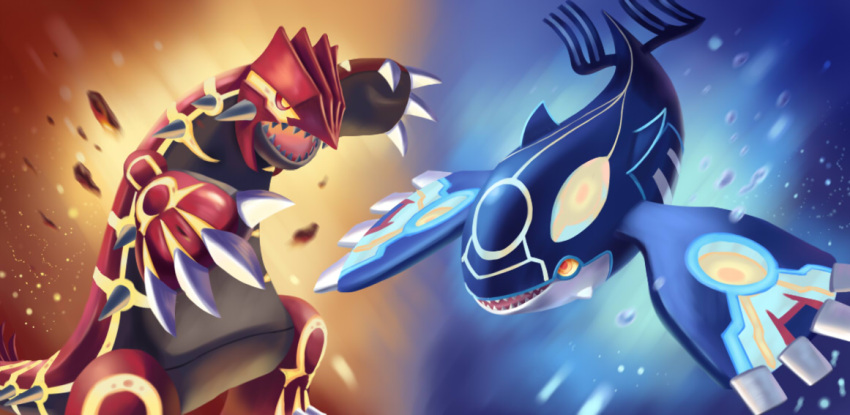 groudon, ho-oh_(artist), kyogre, no_humans, open_mouth, pokemon, pokemon_(creature), pokemon_(game), pokemon_oras, pokemon_rse, primal_kyogre, prinal_groudon