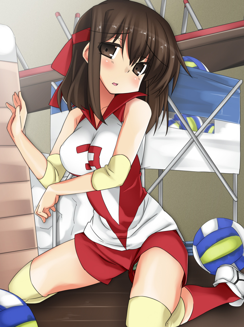 1girl, absurdres, ase_(nigesapo), blush, brown_eyes, brown_hair, elbow_pads, girls_und_panzer