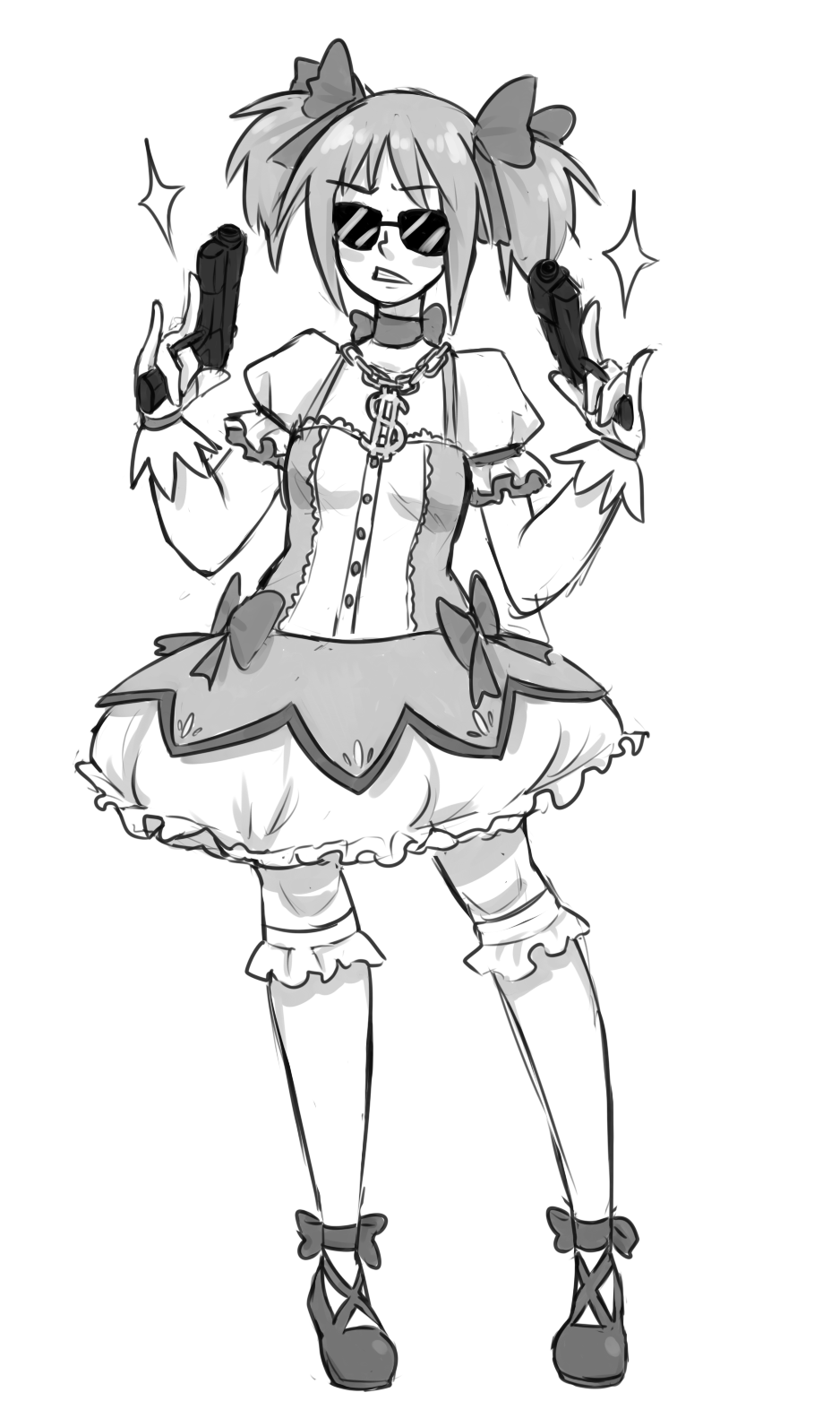 1girl, \m/, bow, bubble_skirt, choker, dollar_sign, dual_wielding, full_body, gangsta, gloves, gold_chain, gun, hair_bow, highres, jewelry, kaname_madoka, kneehighs, magical_girl, mahou_shoujo_madoka_magica, pendant, pistol, puffy_short_sleeves, puffy_sleeves, shogun_(shoguchihime), short_sleeves, short_twintails, skirt, skirt_set, small_breasts, solo, sunglasses, twintails, weapon