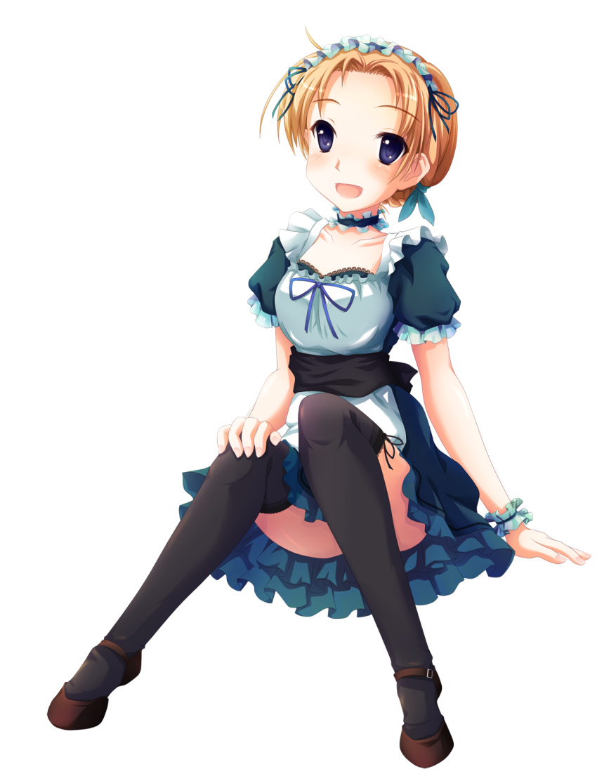 1girl, apron, black_bra, black_legwear, blonde_hair, blue_dress, blue_eyes, bra