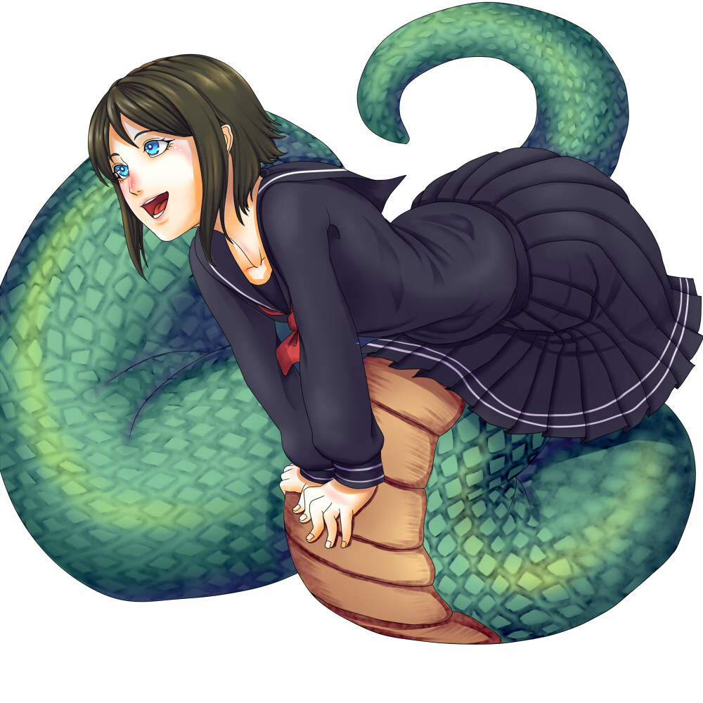 1girl, :d, aqua_eyes, ascot, black_shirt, black_skirt, blue_eyes, brown_hair, collarbone, lamia, leaning_forward, looking_afar, monster_girl, open_mouth, original, pleated_skirt, school_uniform, serafuku, short_hair, simple_background, skirt, smile, solo, white_background, yui_sora