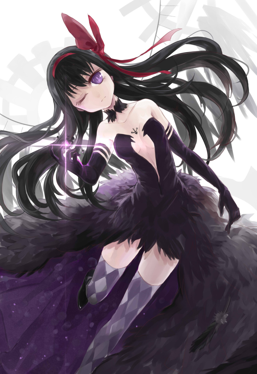 1girl, absurdres, akemi_homura, akuma_homura, ann_(pixiv), argyle, argyle_legwear, bare_shoulders