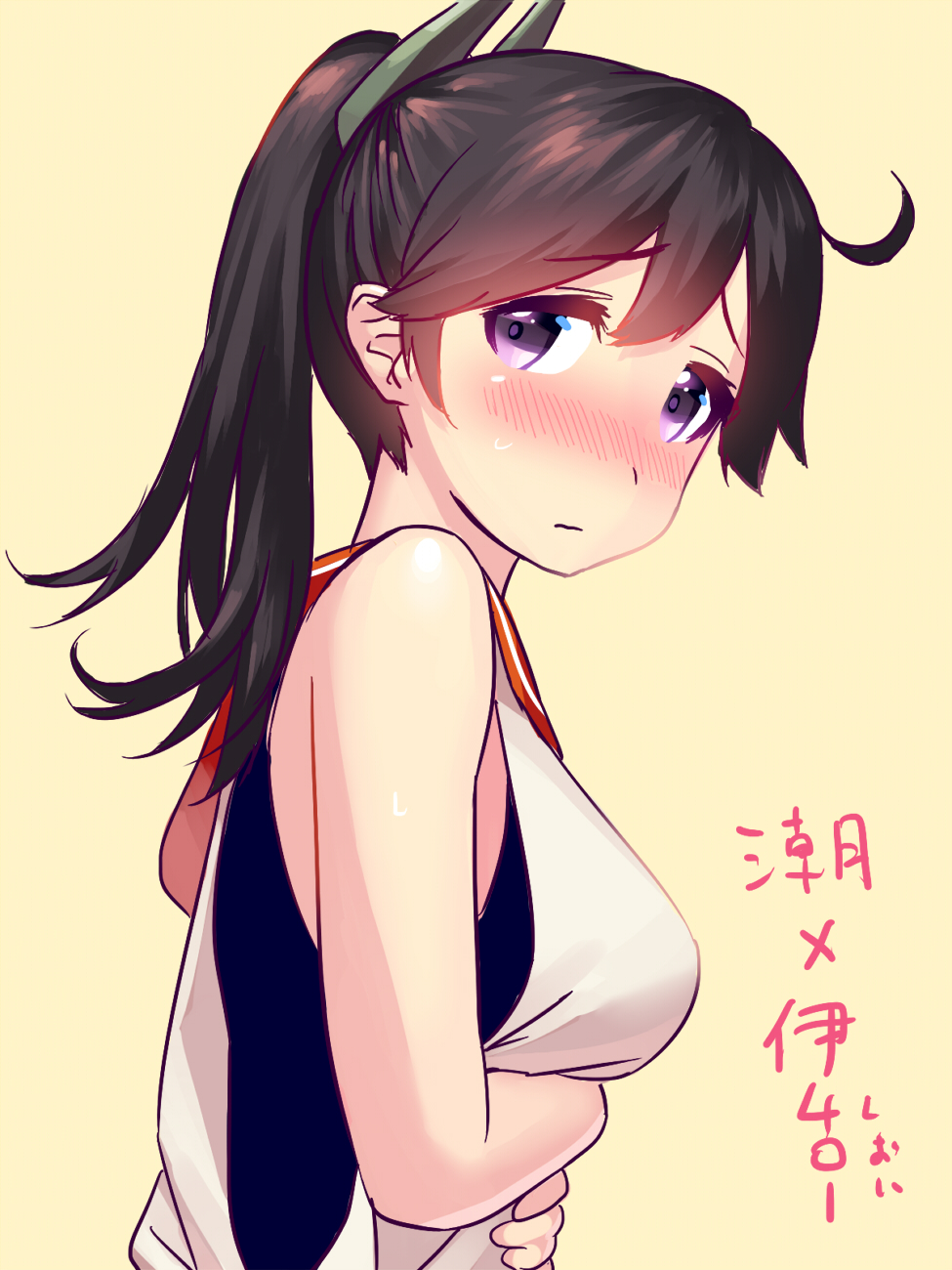 1girl, bare_shoulders, blew_andwhite, blush, breasts, brown_hair, hands_on_stomach, highres