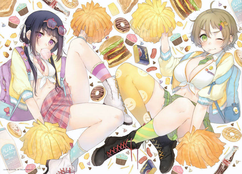 2girls, ;), absurdres, backpack, bag, blue_hair, breasts, brown_hair