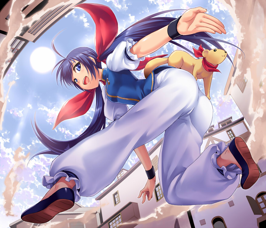 1girl, ahoge, ass, baggy_pants, blue_eyes, blue_hair, blush, chinese_clothes