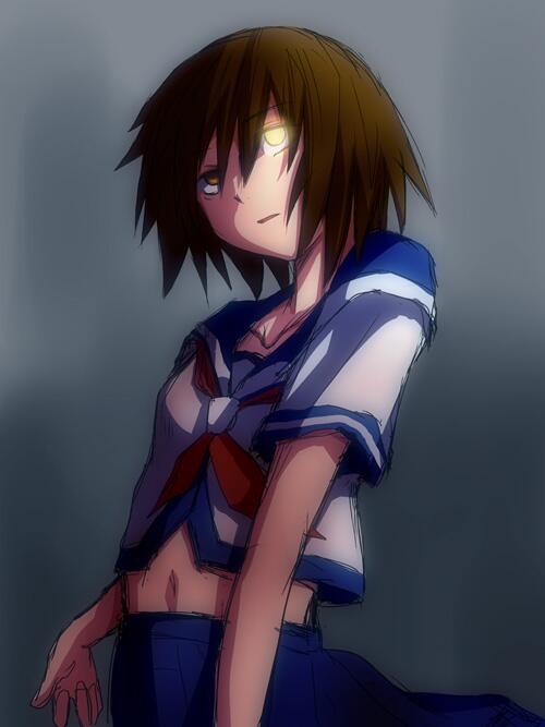 1girl, brown_eyes, brown_hair, collarbone, furutaka_(kantai_collection), glowing, glowing_eye, kantai_collection