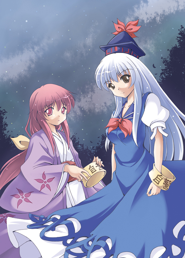 2girls, a_kirima, armband, blue_hair, bow, brown_eyes, dress, hair_ribbon