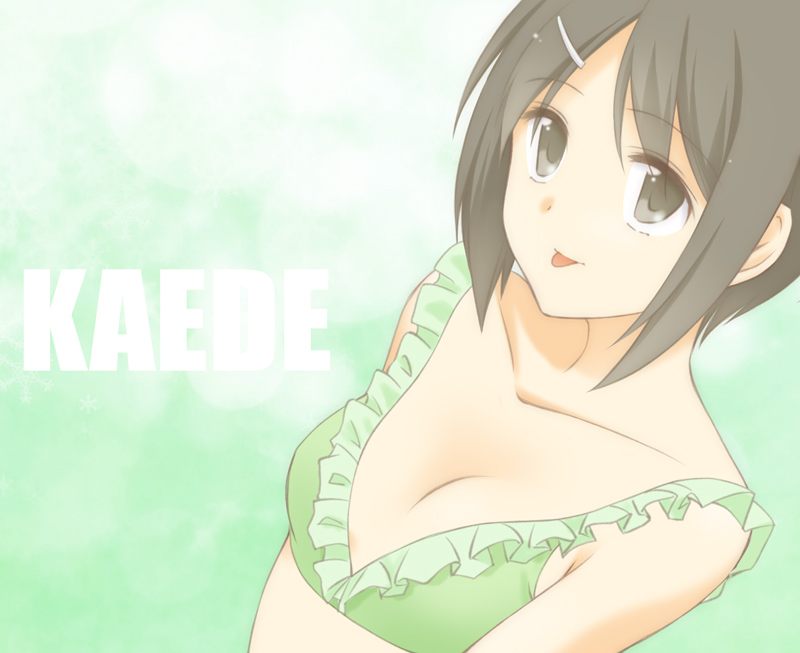 1girl, :p, bikini, bikini_top, black_hair, character_name, green_bikini, hair_ornament