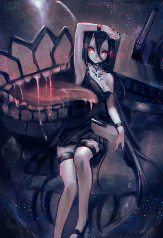 1girl, battleship-symbiotic_hime, black_hair, breasts, choker, cleavage, dress, elk_(zrkn69)