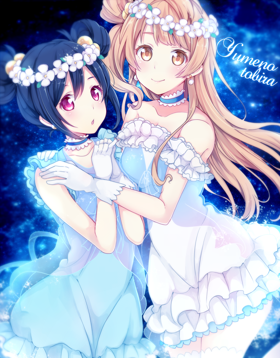 2girls, bare_shoulders, black_hair, bow, brown_eyes, brown_hair, choukou_koukyou_no_inagi, double_bun