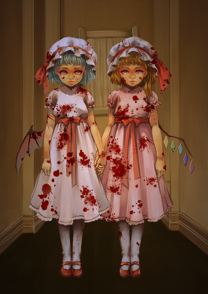 bat_wings, blonde_hair, blood, blood_on_face, bloody_clothes, blue_hair, dress, flandre_scarlet