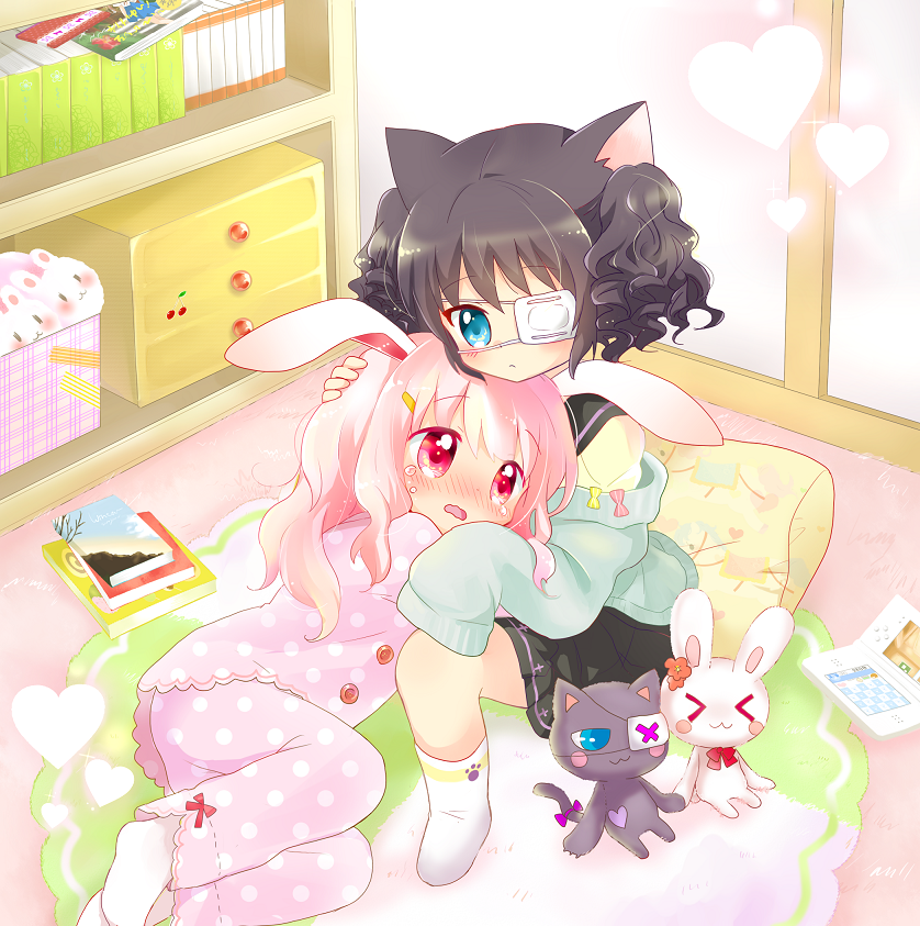 2girls, animal_ears, black_hair, blue_eyes, blush, book, bookshelf, cat_ears