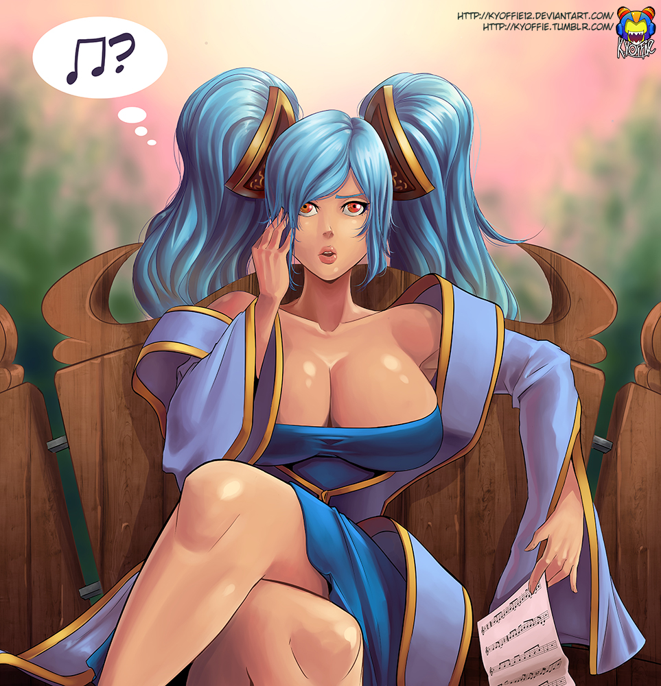 blue_dress, blue_eyes, breasts, cleavage, dress, huge_breasts, kyoffie12, league_of_legends