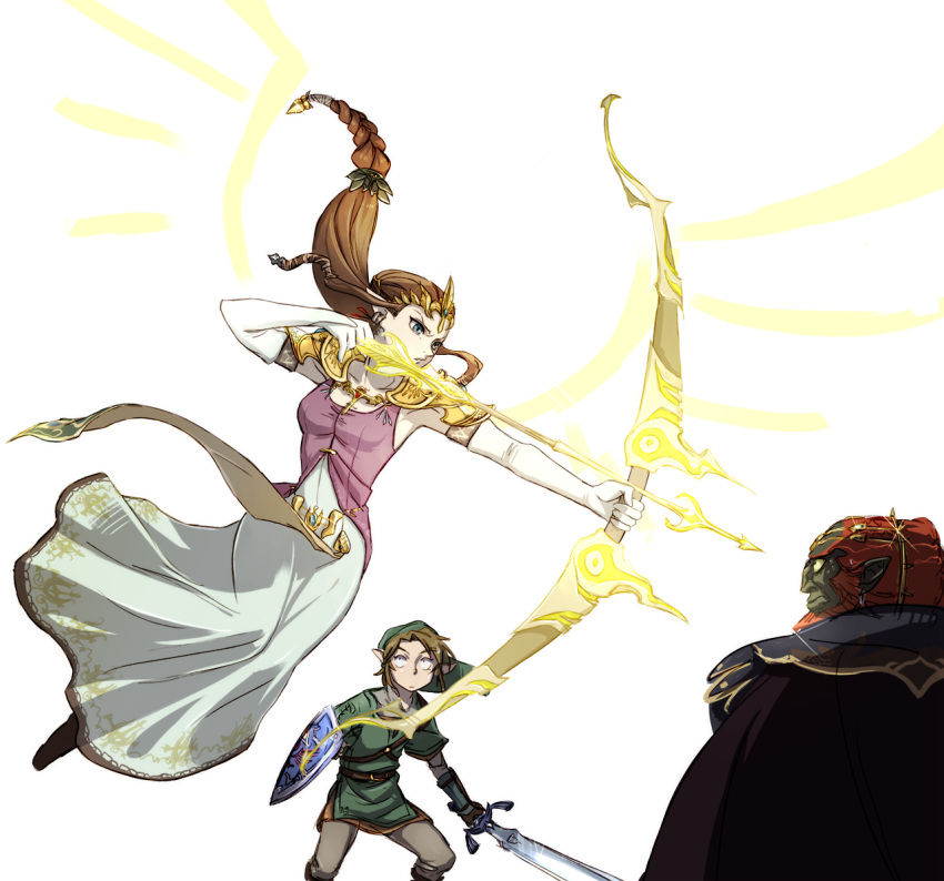 alderion-al, armor, beard, blonde_hair, blue_eyes, bow_(weapon), brown_hair, cape, dress, earrings, facial_hair, ganondorf, gloves, hat, jewelry, link, long_dress, long_hair, nintendo, pointy_ears, princess_zelda, redhead, shield, shoulder_pads, sword, the_legend_of_zelda, tiara, twilight_princess, weapon