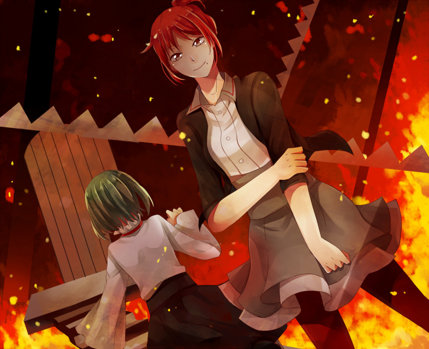 2girls, fuchsia91, green_hair, highres, kagerou_project, multiple_girls, red_eyes, redhead