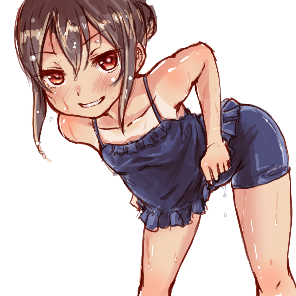 1girl, bare_shoulders, bent_over, blush, brown_hair, double_frill_skirt_swimsuit, flat_chest, frilled_swimsuit