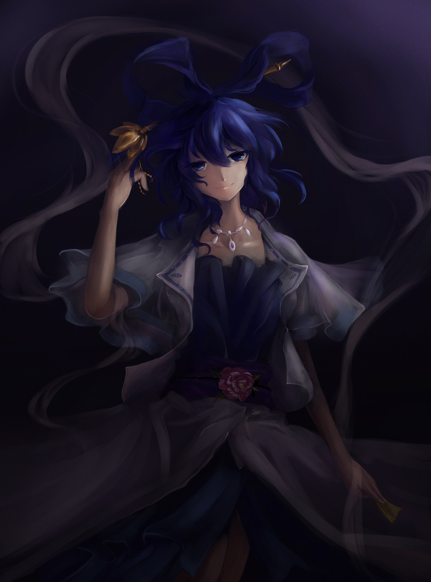 1girl, blouse, blue_eyes, blue_hair, bust, collarbone, dark, flower