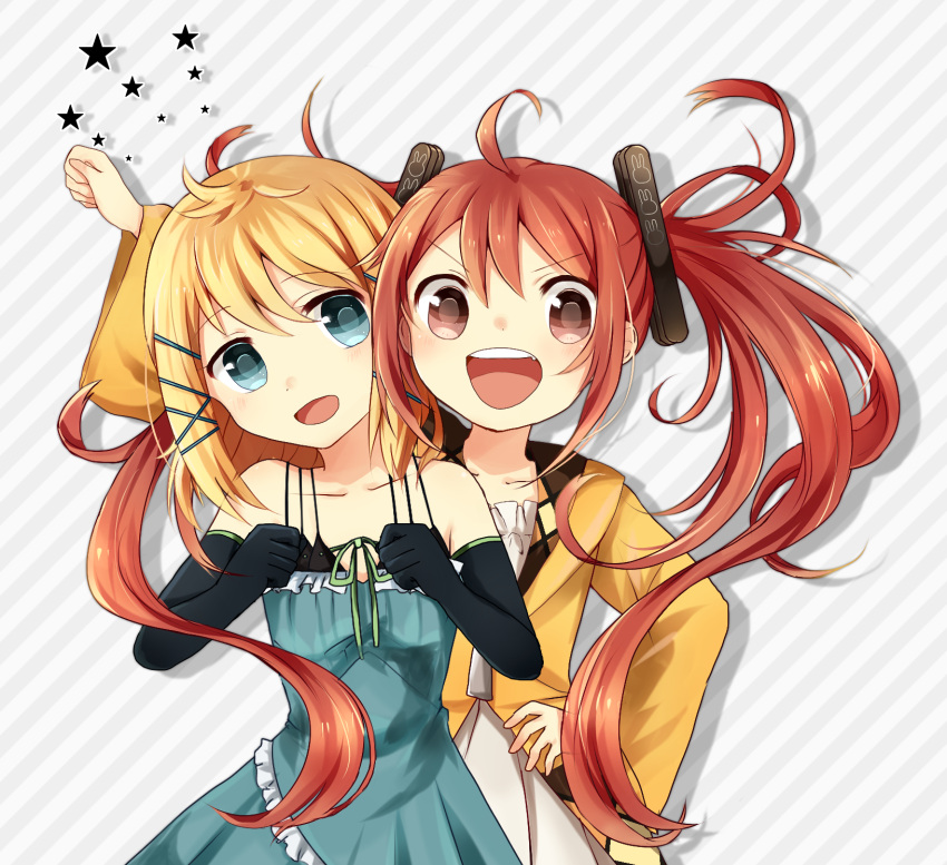 2girls, aihara_enju, bare_shoulders, black_bullet, black_gloves, blonde_hair, brown_eyes, dress