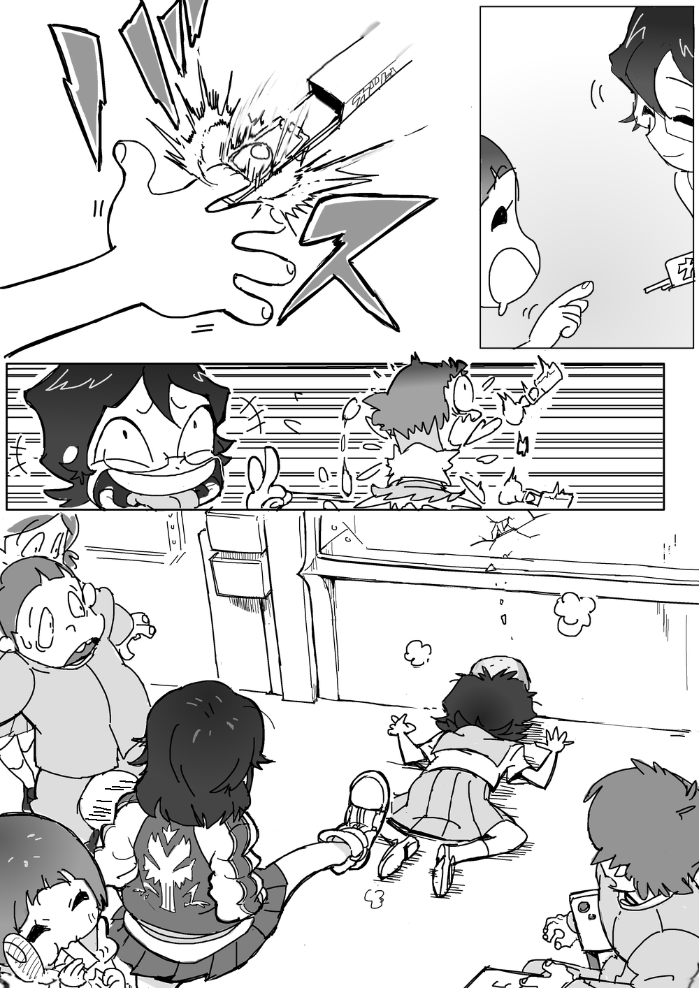 comic, highres, jyaddena, kicking, kill_la_kill, laughing, mankanshoku_mako, matoi_ryuuko