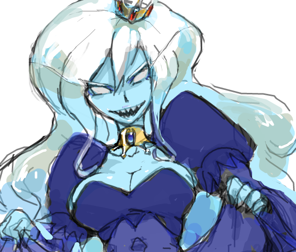 1girl, adventure_time, blue_skin, breasts, choker, cleavage, crown, drawr