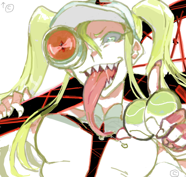 1girl, ball, blonde_hair, drawr, hakodate_omiko, jyaddena, kill_la_kill, long_tongue, scope, sharp_teeth, smile, solo, tennis_ball, tongue, tongue_out, twintails, visor_cap