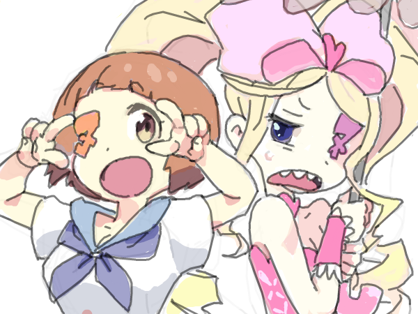 2girls, blonde_hair, bow, brown_hair, double_v, drawr, eyepatch, hair_bow
