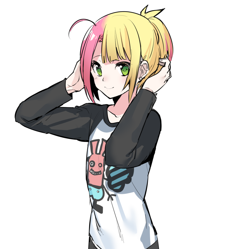 1boy, ahoge, alternate_hairstyle, androgynous, blonde_hair, erubo, green_eyes, looking_at_viewer