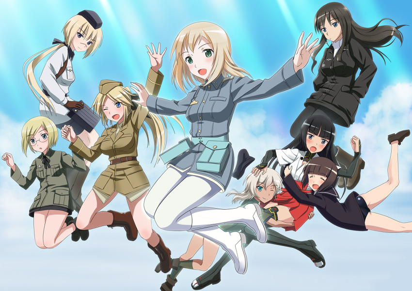 507th_joint_fighter_wing, 6+girls, anabuki_tomoko, aqua_eyes, ass, ass_grab, black_hair, black_legwear