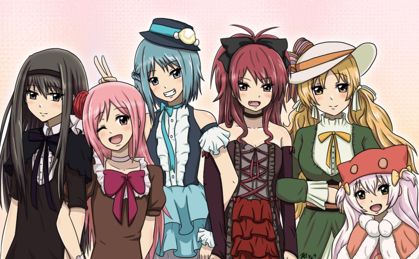 5girls, ;d, akemi_homura, alternate_costume, animal_hat, arm_garter, athyra, bare_shoulders
