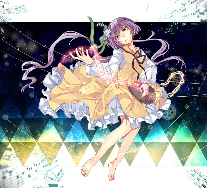 1girl, barefoot, biwa_lute, flower, hair_flower, hair_ornament, highres, instrument