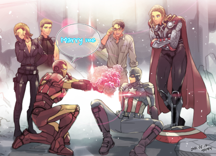1girl, 5boys, avengers, black_widow, bouquet, bruce_banner, captain_america, clint_barton, facepalm, flower, hawkeye_(marvel), hh_(hhsis2), iron_man, marvel, multiple_boys, natasha_romanoff, parody, power_armor, steve_rogers, superhero, thor_(marvel), tony_stark
